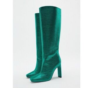 Zara Laminated Heeled Boots, EUC Size 37 Green